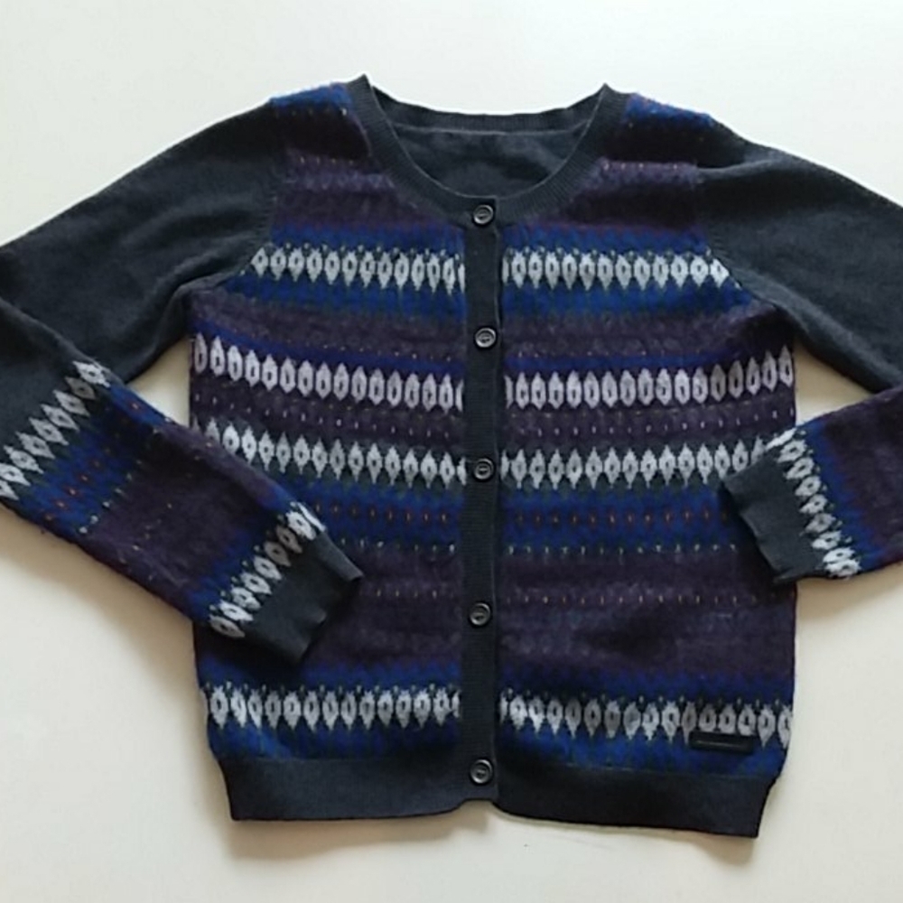 Burberry Cashmere Fair Isle Knit Cardigan Sweater Purple Large